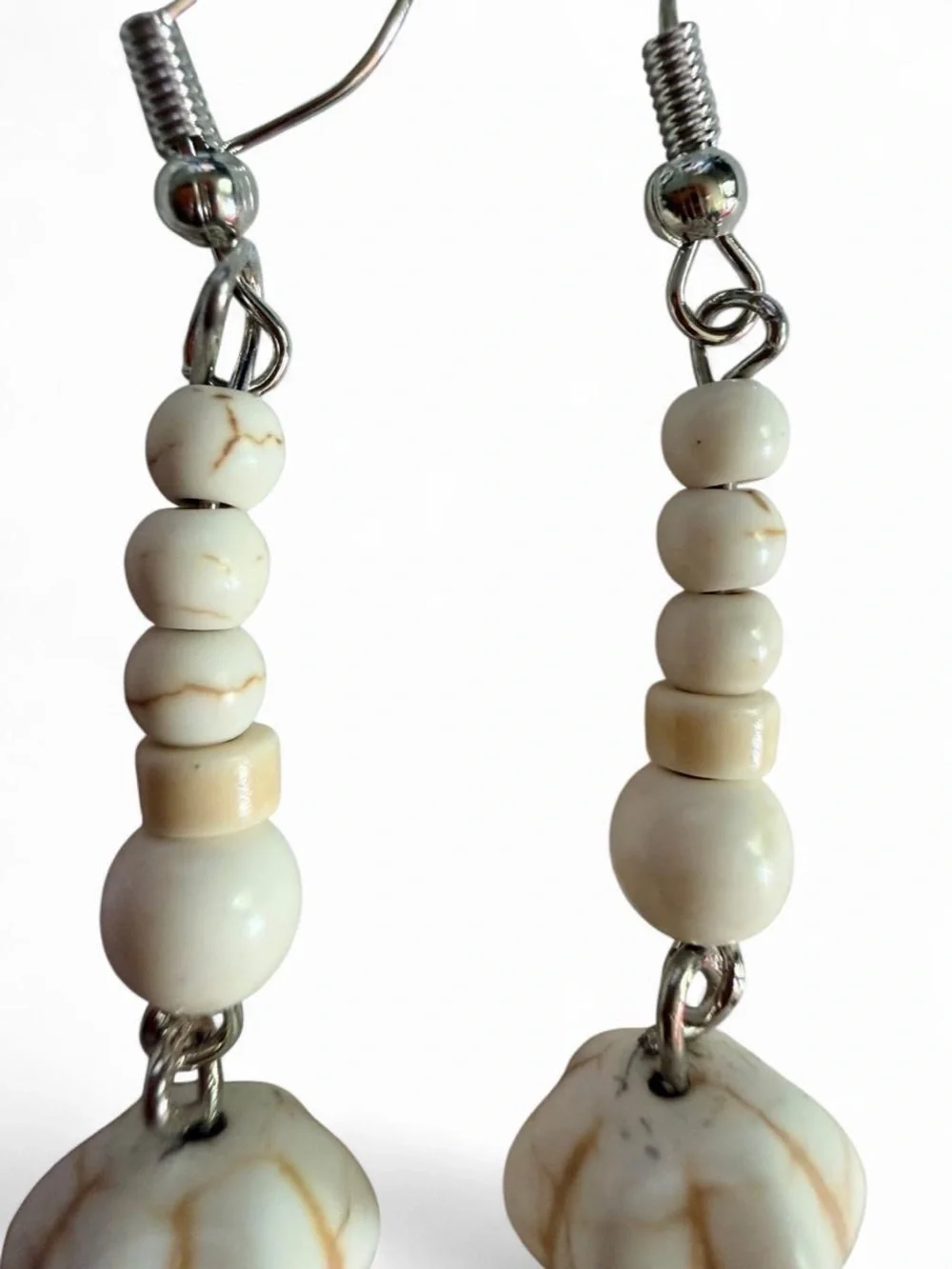Handmade Cream Howlite Stone Beaded Long Dangle Earrings OOAK